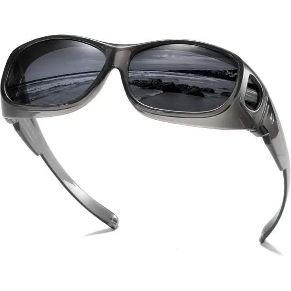 DUCO Fit Over Sunglasses Wraparound Sunglasses for Men Women Polarized Wear Over Sun Glasses UV Protection DC8965Transparent Grey Frame Grey Lens