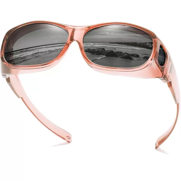 DUCO Fit Over Sunglasses Wraparound Sunglasses for Men Women Polarized Wear Over Sun Glasses UV Protection DC8965Transparent Pink Frame Grey Lens