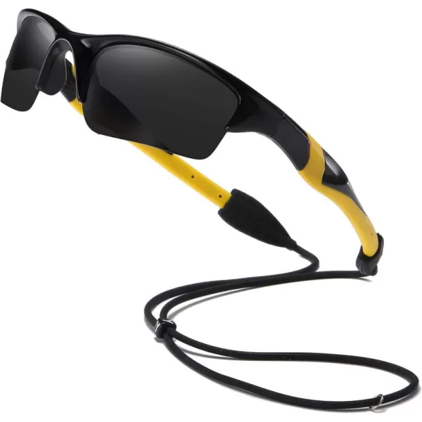 DUCO Kids Sunglasses Boys Sports Sunglasses Youth Polarized Baseball Sunglasses for Boys and Girls Age 68 K014Black Frame Yellow Temple
