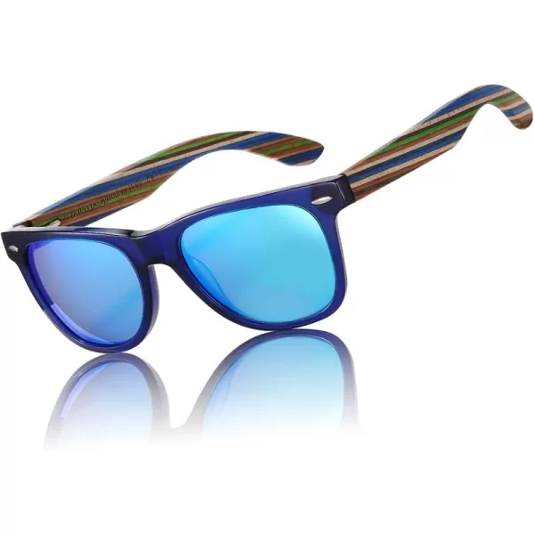 DUCO Polarized Driving Handmade Walnut Wooden 100 UV 400 Protection Sunglasses for Men 2141Transparent Blue Frame Revo Blue Lens