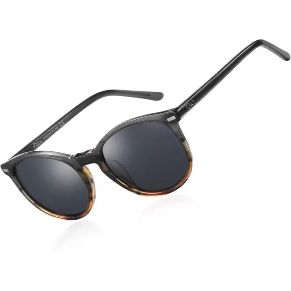 DUCO Retro Round UV400 Polarized Sunglasses for Women Men Vintage Shades Classic Acetate Trendy Fashion Sunglass DC1230Black Copper Frame Grey Lens