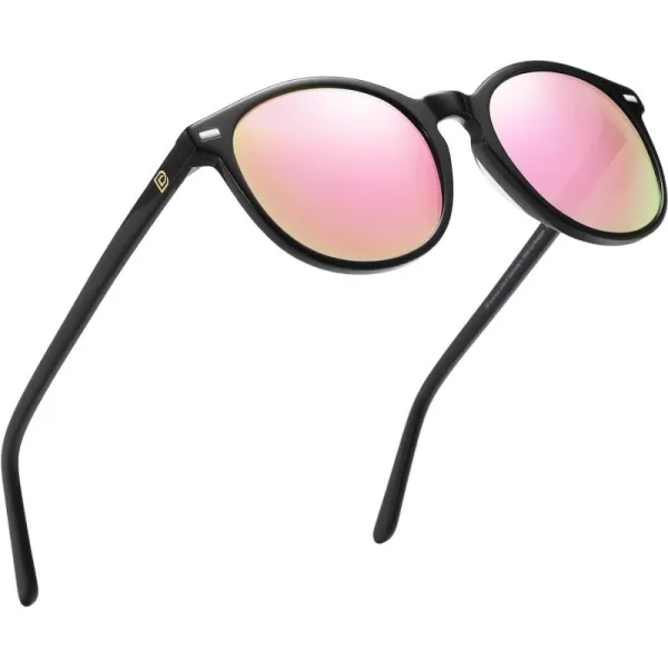 DUCO Retro Round UV400 Polarized Sunglasses for Women Men Vintage Shades Classic Acetate Trendy Fashion Sunglass DC1230Black Frame Revo Pink Lens