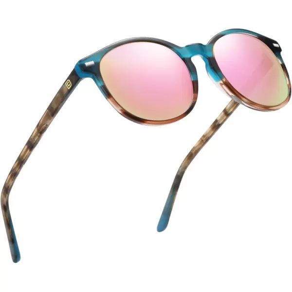 DUCO Retro Round UV400 Polarized Sunglasses for Women Men Vintage Shades Classic Acetate Trendy Fashion Sunglass DC1230Blue Tortoise Frame Pink