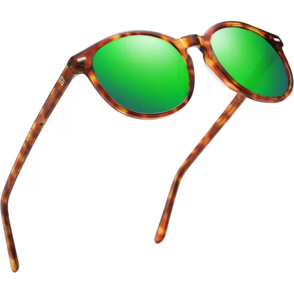 DUCO Retro Round UV400 Polarized Sunglasses for Women Men Vintage Shades Classic Acetate Trendy Fashion Sunglass DC1230Brown Tortoise Frame Revo Green Lens