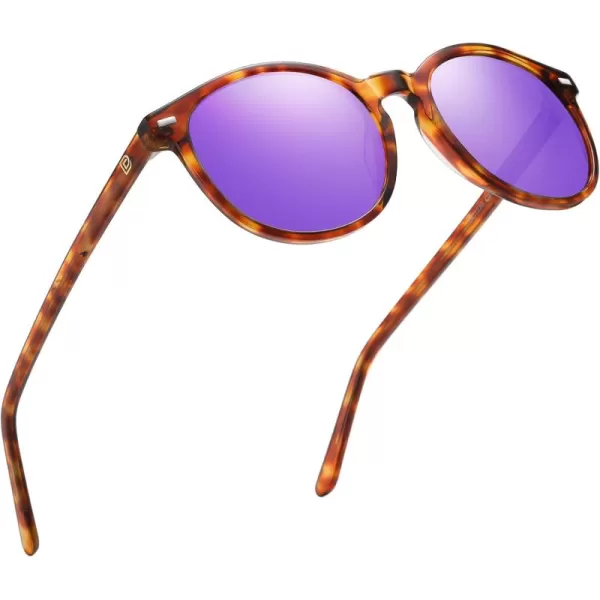 DUCO Retro Round UV400 Polarized Sunglasses for Women Men Vintage Shades Classic Acetate Trendy Fashion Sunglass DC1230Brown Tortoise Frame Revo Purple Lens