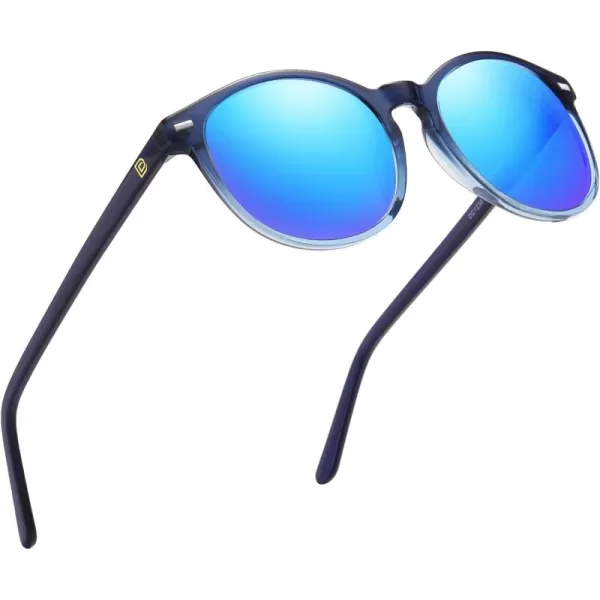 DUCO Retro Round UV400 Polarized Sunglasses for Women Men Vintage Shades Classic Acetate Trendy Fashion Sunglass DC1230Catalina Blue Frame Revo Blue Lens