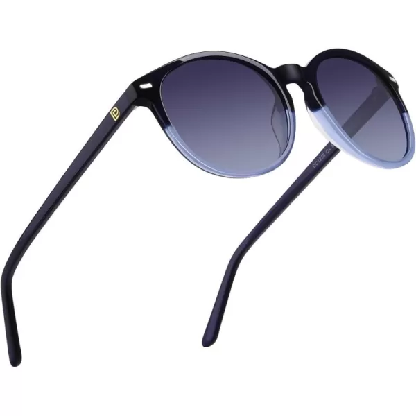 DUCO Retro Round UV400 Polarized Sunglasses for Women Men Vintage Shades Classic Acetate Trendy Fashion Sunglass DC1230Dark Blue Frame Blue Lens