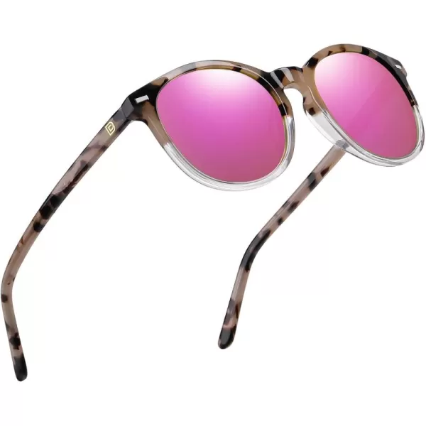 DUCO Retro Round UV400 Polarized Sunglasses for Women Men Vintage Shades Classic Acetate Trendy Fashion Sunglass DC1230Grey Tortoise Frame Revo Pink Lens