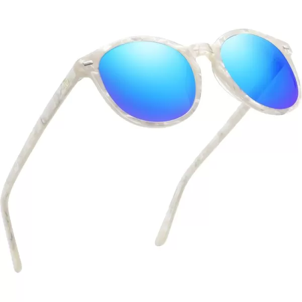DUCO Retro Round UV400 Polarized Sunglasses for Women Men Vintage Shades Classic Acetate Trendy Fashion Sunglass DC1230Mermaid White Frame Revo Blue Lens