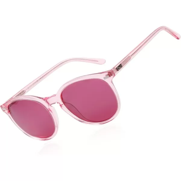 DUCO Retro Round UV400 Polarized Sunglasses for Women Men Vintage Shades Classic Acetate Trendy Fashion Sunglass DC1230Pink Frame Purple Lens
