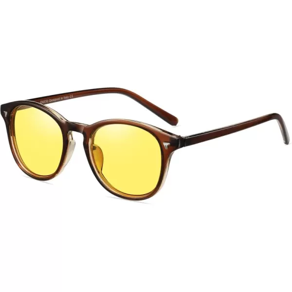 DUCO Round Women Polarized Night Vision Driving Anti Glare Yellow Glasses Polarized Reduce Glare and Enhance Vision 5206Dark Brown Frame