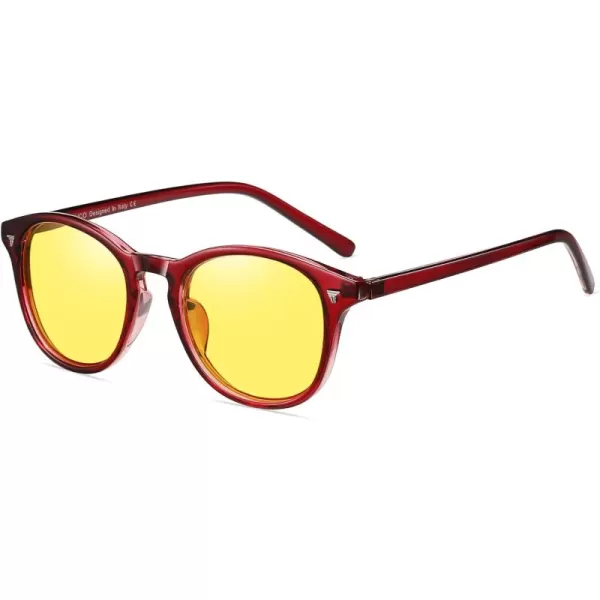 DUCO Round Women Polarized Night Vision Driving Anti Glare Yellow Glasses Polarized Reduce Glare and Enhance Vision 5206Wine Red Frame
