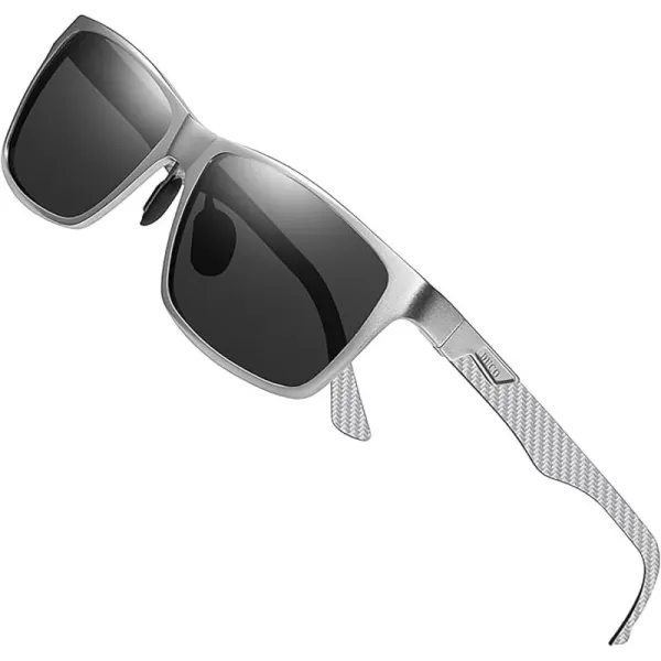 DUCO Square Polarized Sunglasses for Men LightWeight Carbon Fiber UV400 Protection Sun Glasses 8206Silver Frame Silver Temple Grey Lens