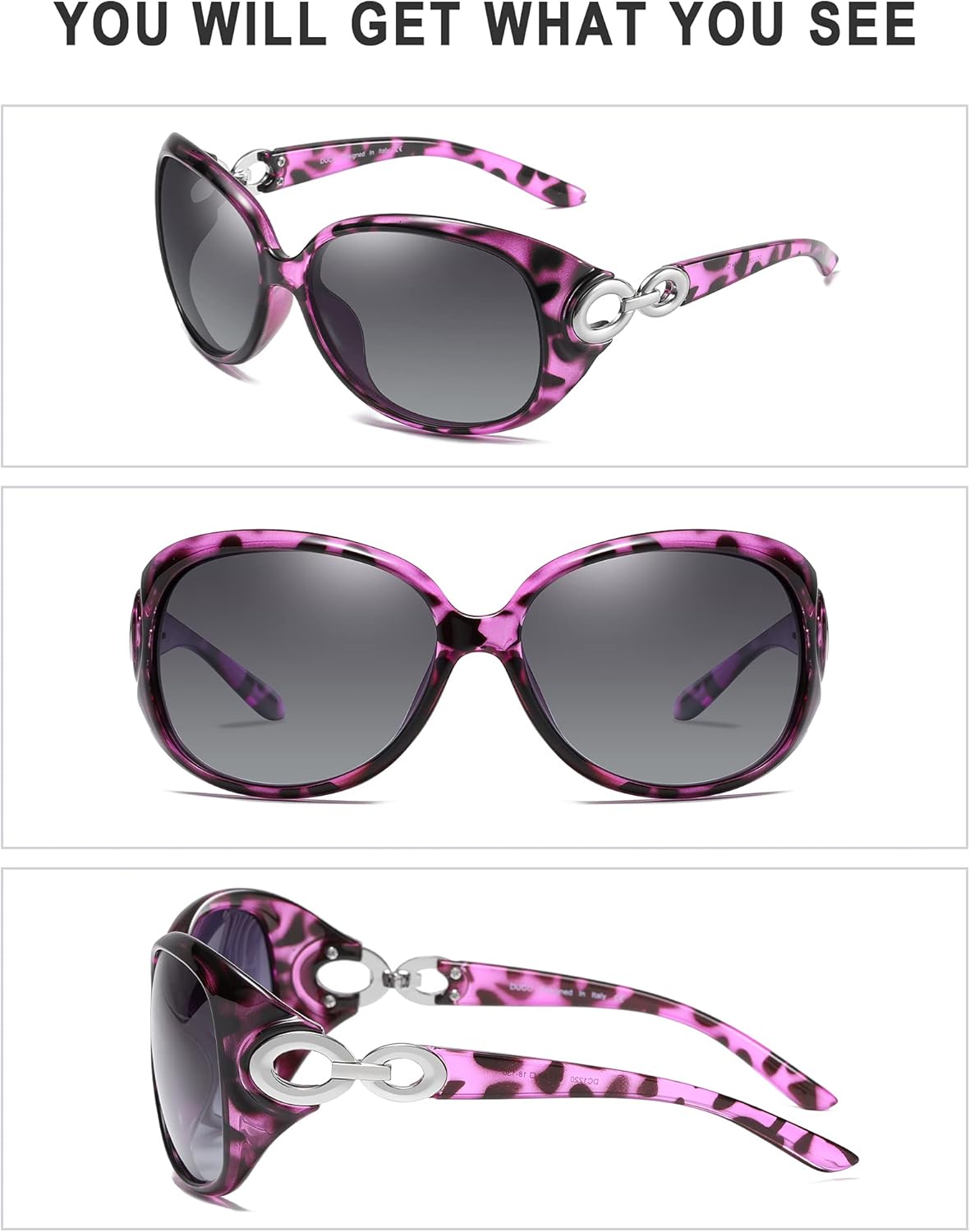 DUCO Oversized Polarized Sunglasses for Women Retro Trendy Frame Vintage Ladies Shades UV Protection 1220Purple Tortoise Frame Grey Lens