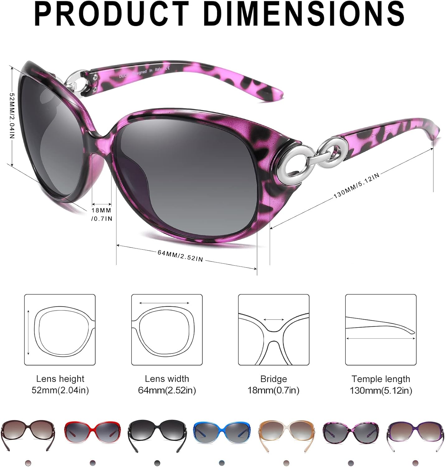 DUCO Oversized Polarized Sunglasses for Women Retro Trendy Frame Vintage Ladies Shades UV Protection 1220Purple Tortoise Frame Grey Lens