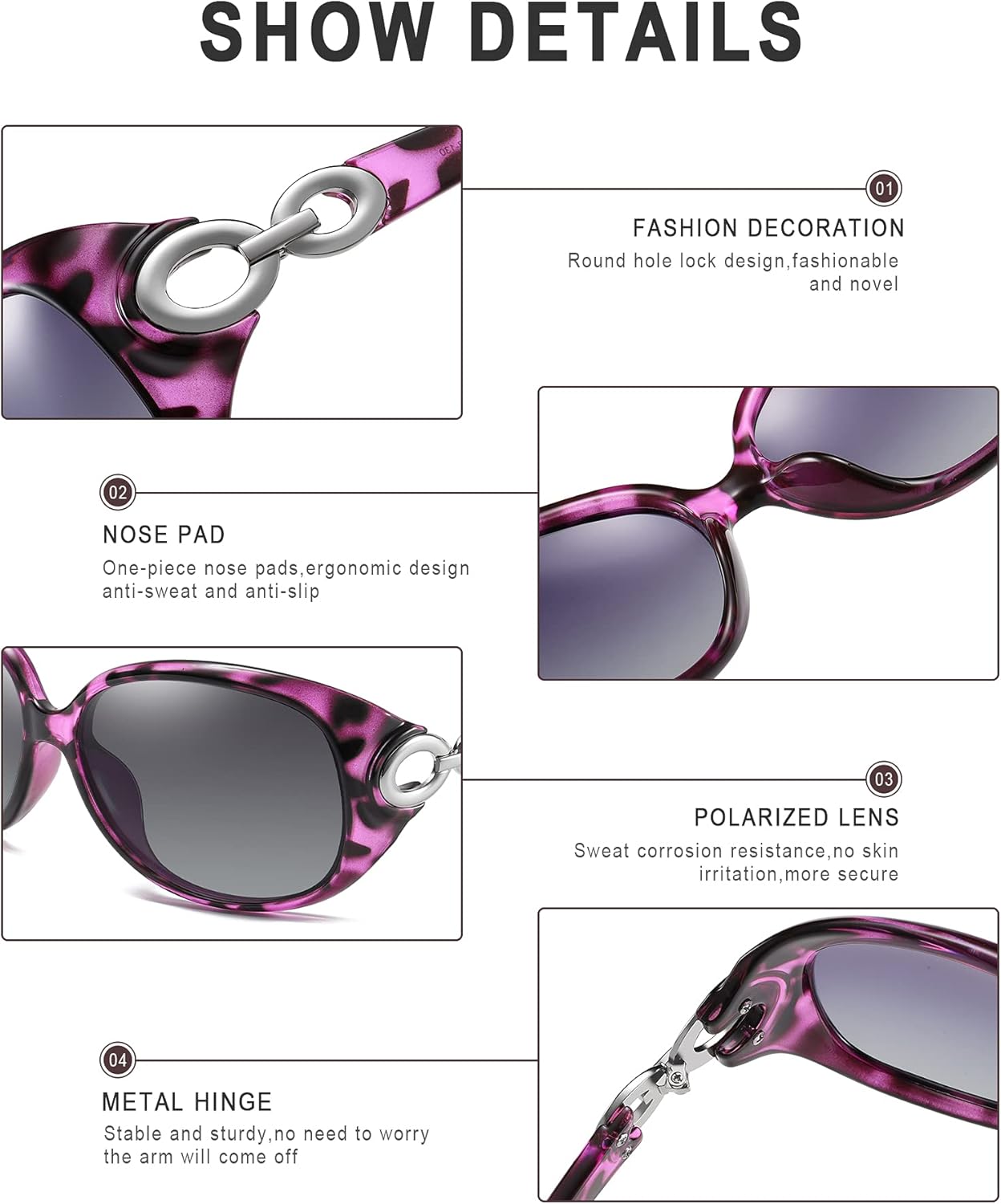 DUCO Oversized Polarized Sunglasses for Women Retro Trendy Frame Vintage Ladies Shades UV Protection 1220Purple Tortoise Frame Grey Lens