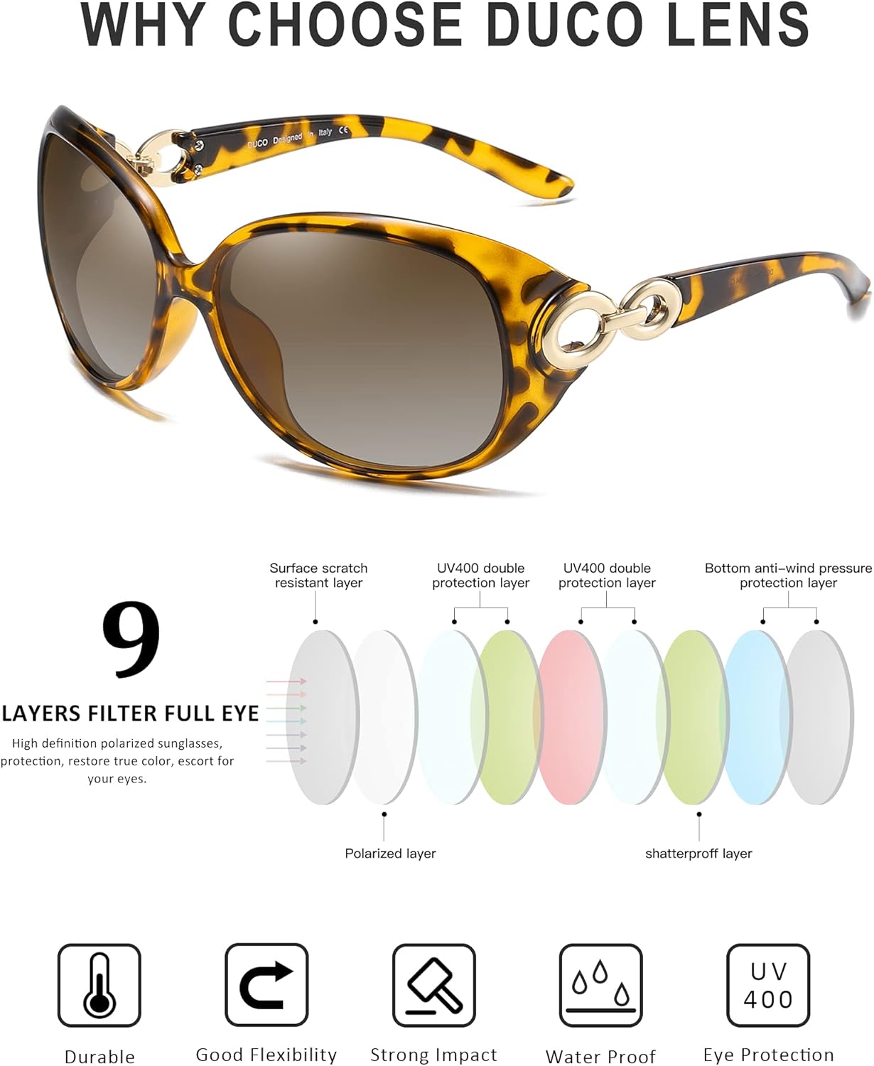 DUCO Oversized Polarized Sunglasses for Women Retro Trendy Frame Vintage Ladies Shades UV Protection 1220Tortoise Frame Brown Lens