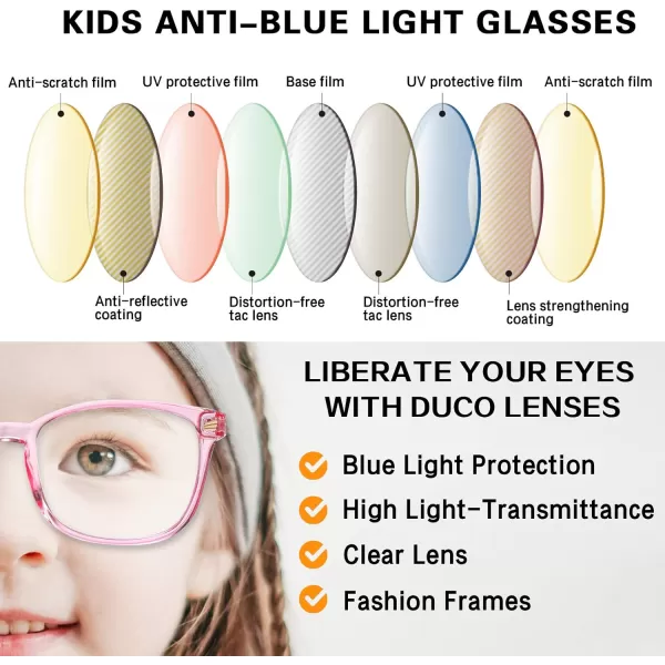 DUCO Kids Blue Light Glasses Girls Boys Computer Gaming Eyeglasses Anti UVBluelight Glasses for Kids Age 610 K028Clear Pink