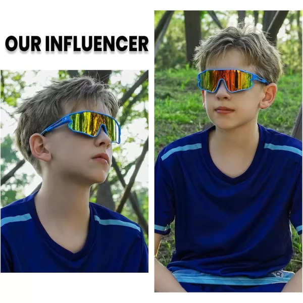 DUCO Kids Sunglasses Youth Baseball Sun Glasses Lightweight TR90 Frame UV400 Sports Cycling Shades for Boys Girls DK26802blue Colorful Frame Black Temple Revo Orange Lens