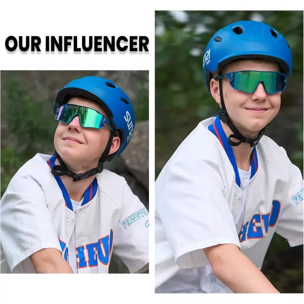 DUCO Kids Sunglasses Youth Baseball Sun Glasses Lightweight TR90 Frame UV400 Sports Cycling Shades for Boys Girls DK26808navy Blue Frame Black Temple Revo Green Lens