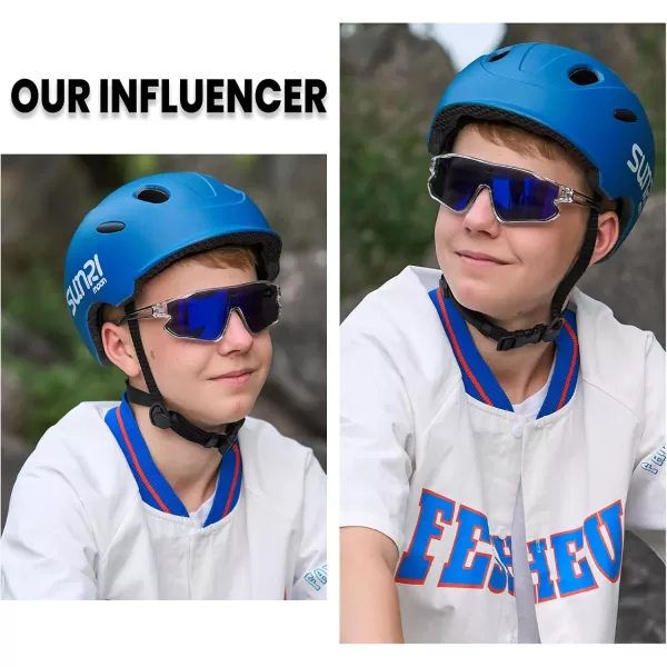 DUCO Kids Sunglasses Youth Baseball Sun Glasses Lightweight TR90 Frame UV400 Sports Cycling Shades for Boys Girls DK268Clear Frame Black Temple Revo Blue Lens