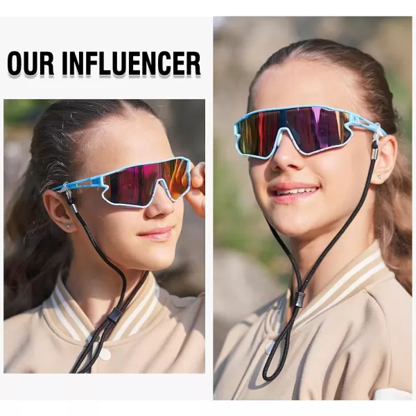 DUCO Kids Sunglasses Youth Baseball Sun Glasses Lightweight TR90 Frame UV400 Sports Cycling Shades for Boys Girls DK268Light Blue Purple Dot Frame Purple Lens