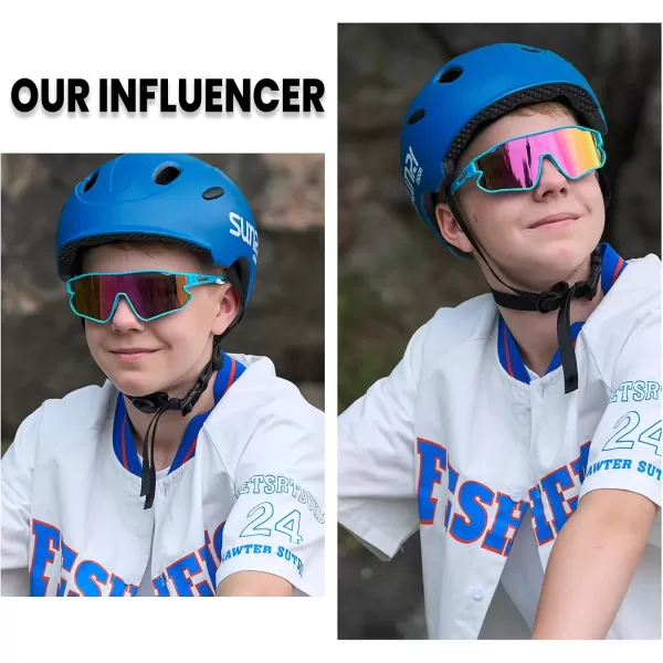 DUCO Kids Sunglasses Youth Baseball Sun Glasses Lightweight TR90 Frame UV400 Sports Cycling Shades for Boys Girls DK268Light Blue Purple Dot Frame Purple Lens
