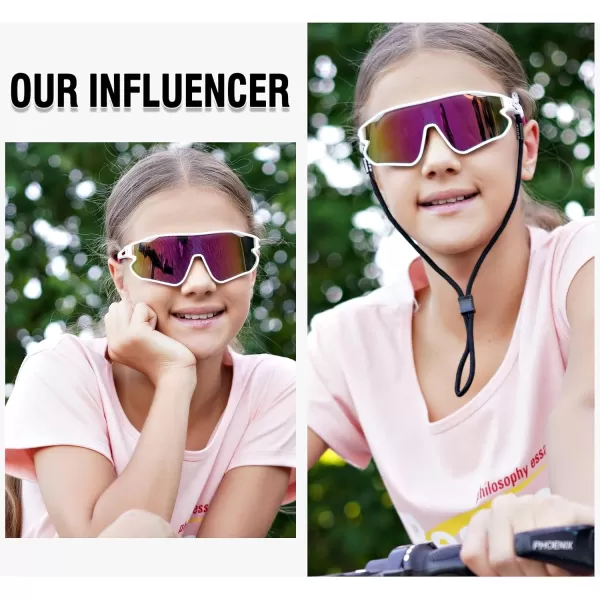 DUCO Kids Sunglasses Youth Baseball Sun Glasses Lightweight TR90 Frame UV400 Sports Cycling Shades for Boys Girls DK268White Frame Pink Temple Revo Orange Lens