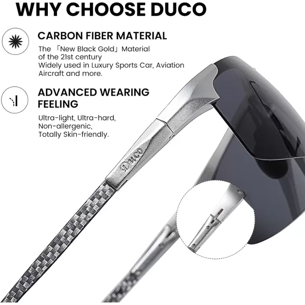 DUCO Mens Sports Polarized Driving Carbon Fiber Sunglasses for Men UV400 Protection DC8277Silver Frame Grey Lens