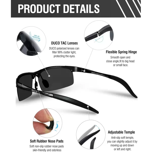 DUCO Mens Sports Polarized Sunglasses UV Protection Sunglasses for Men 8177sA Black Frame Gray Lens