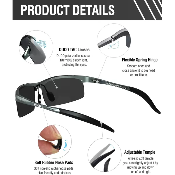 DUCO Mens Sports Polarized Sunglasses UV Protection Sunglasses for Men 8177sA Gunmetal Frame Gray Lens