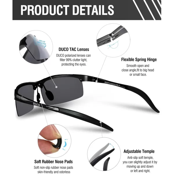 DUCO Mens Sports Polarized Sunglasses UV Protection Sunglasses for Men 8177sBlack Frame Silver Lens