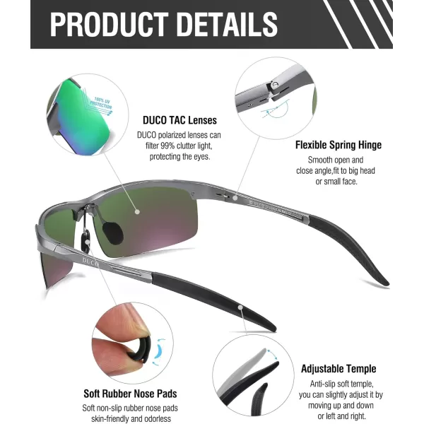 DUCO Mens Sports Polarized Sunglasses UV Protection Sunglasses for Men 8177sGunmetal Frame Revo Green Lens