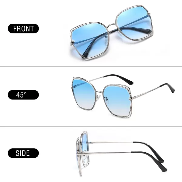DUCO Oversized Fashion Sunglasses for Women Colorful UV Protection Lens Trendy Retro Designer Sunglasses DC1226Silver Frame Gradient Blue Lens