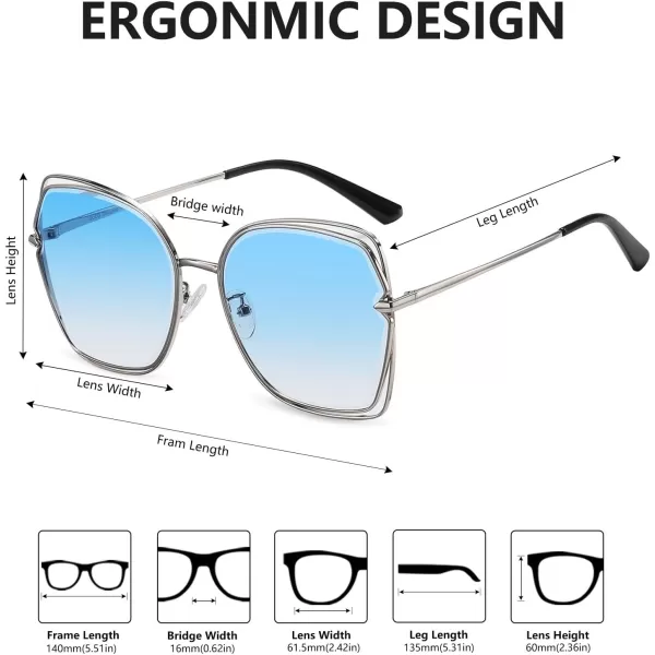 DUCO Oversized Fashion Sunglasses for Women Colorful UV Protection Lens Trendy Retro Designer Sunglasses DC1226Silver Frame Gradient Blue Lens