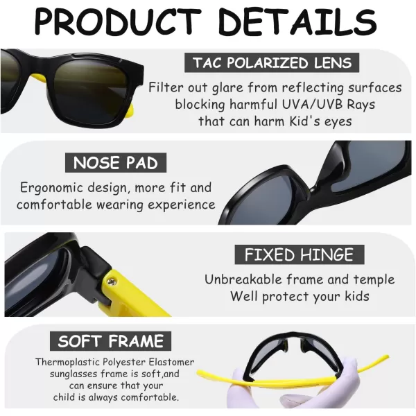 DUCO Polarized Kids Sunglasses Boys Cute Unbreakable Sunglasses for Kids UV400 Protection Age 610 K019Black Frame Yellow Temple