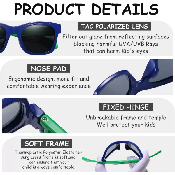 DUCO Polarized Kids Sunglasses Boys Cute Unbreakable Sunglasses for Kids UV400 Protection Age 610 K019Blue Frame Green Temple