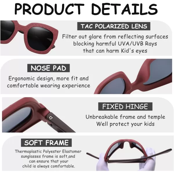 DUCO Polarized Kids Sunglasses Boys Cute Unbreakable Sunglasses for Kids UV400 Protection Age 610 K019Red Frame Brown Temple
