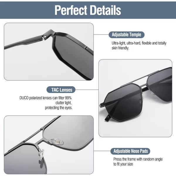 DUCO Polarized Sunglasses Men Women Retro Classic Square Sun Glasses Oversized Vintage Metal Frame Trendy Shades DC3032Black Frame Grey Lens
