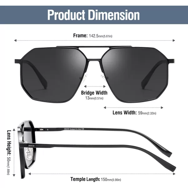 DUCO Polarized Sunglasses Men Women Retro Classic Square Sun Glasses Oversized Vintage Metal Frame Trendy Shades DC3032Black Frame Grey Lens