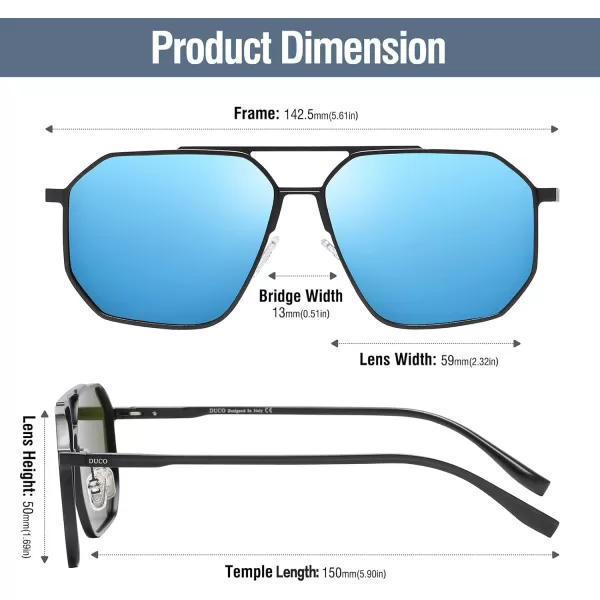DUCO Polarized Sunglasses Men Women Retro Classic Square Sun Glasses Oversized Vintage Metal Frame Trendy Shades DC3032Black Frame Revo Blue Lens