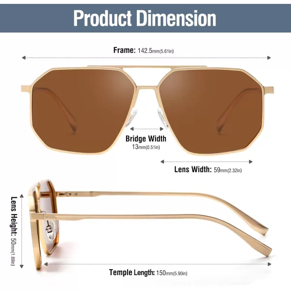 DUCO Polarized Sunglasses Men Women Retro Classic Square Sun Glasses Oversized Vintage Metal Frame Trendy Shades DC3032Gold Frame Brown Lens