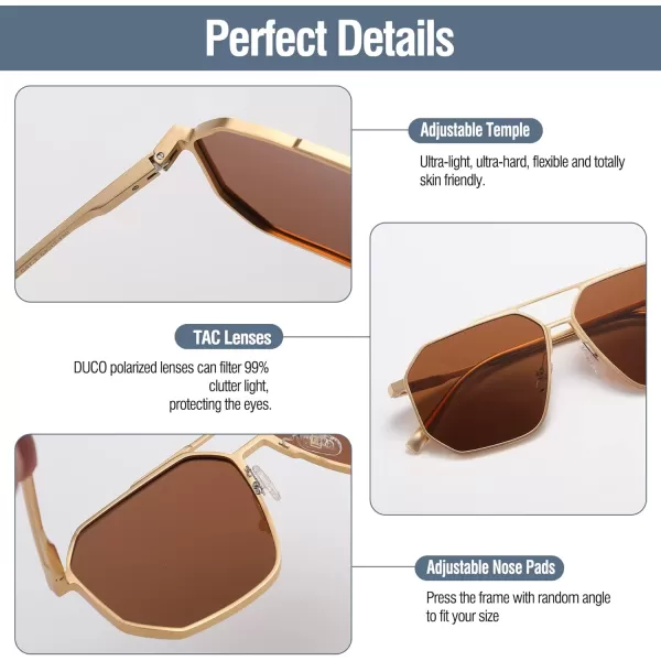 DUCO Polarized Sunglasses Men Women Retro Classic Square Sun Glasses Oversized Vintage Metal Frame Trendy Shades DC3032Gold Frame Brown Lens