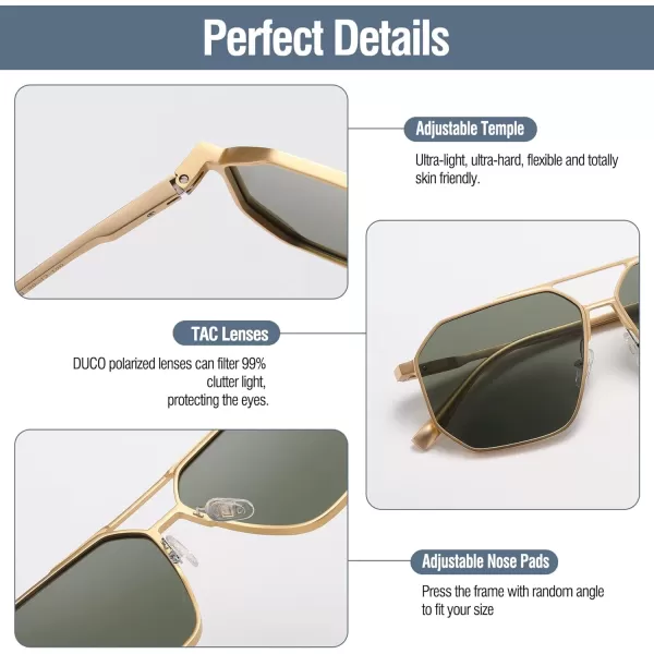 DUCO Polarized Sunglasses Men Women Retro Classic Square Sun Glasses Oversized Vintage Metal Frame Trendy Shades DC3032Gold Frame Green Lens