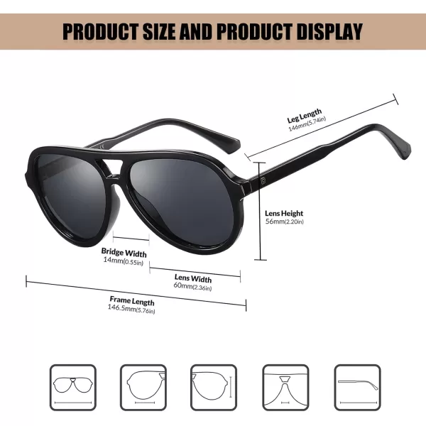 DUCO Retro Aviator Polarized Sunglasses Women Men Vintage Double Bridge Sun Glasses Classic Shades DC1208Black Frame Grey Lens
