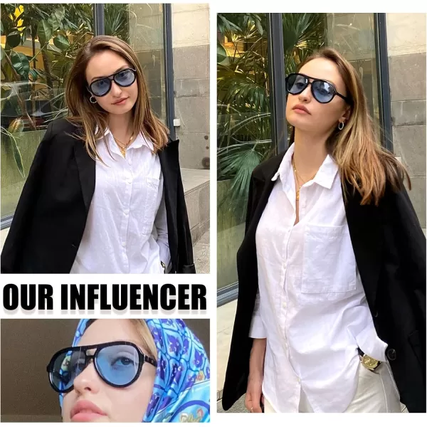 DUCO Retro Aviator Polarized Sunglasses Women Men Vintage Double Bridge Sun Glasses Classic Shades DC1208Black Frame Transparent Blue Lens