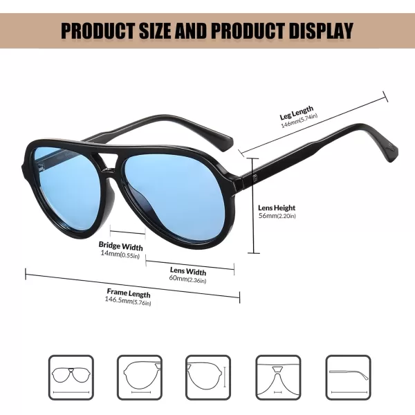 DUCO Retro Aviator Polarized Sunglasses Women Men Vintage Double Bridge Sun Glasses Classic Shades DC1208Black Frame Transparent Blue Lens