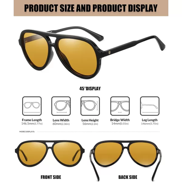 DUCO Retro Aviator Polarized Sunglasses Women Men Vintage Double Bridge Sun Glasses Classic Shades DC1208Black Frame Yellow Lens