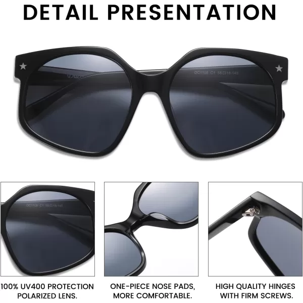 DUCO Retro Oversized Hexagonal Polarized Sunglasses for Women Men Trendy Shades UV400 Protection Designer Sun Glasses DC1108Shine Black Frame Grey Lens