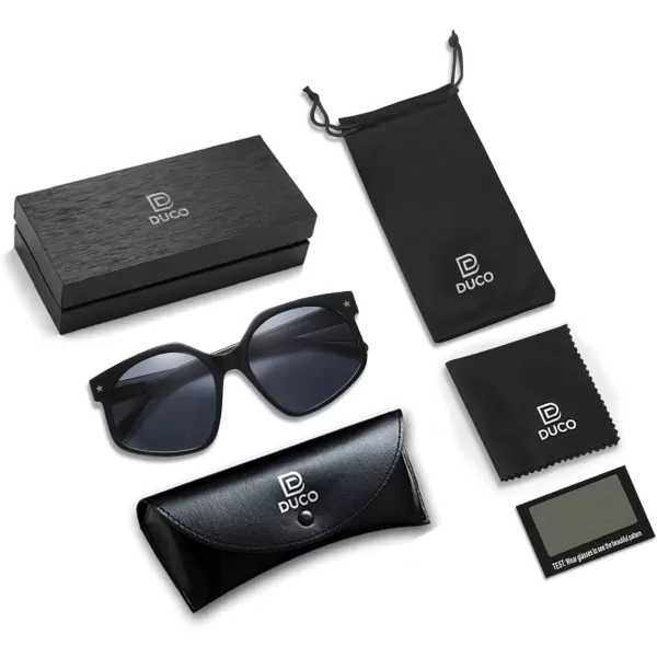 DUCO Retro Oversized Hexagonal Polarized Sunglasses for Women Men Trendy Shades UV400 Protection Designer Sun Glasses DC1108Shine Black Frame Grey Lens